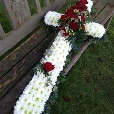 White Based Cross with Foliage Edge and Rose Spray